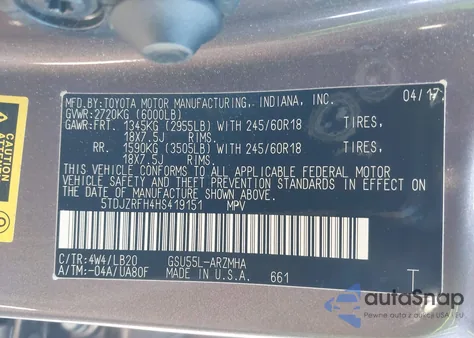 2017 Toyota Highlander Xle from USA, damaged, VIN 5TDJZRFH4HS419151